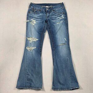 True Religion Jeans Womens 30 Joey Blue Denim Distressed Flared Stretch
